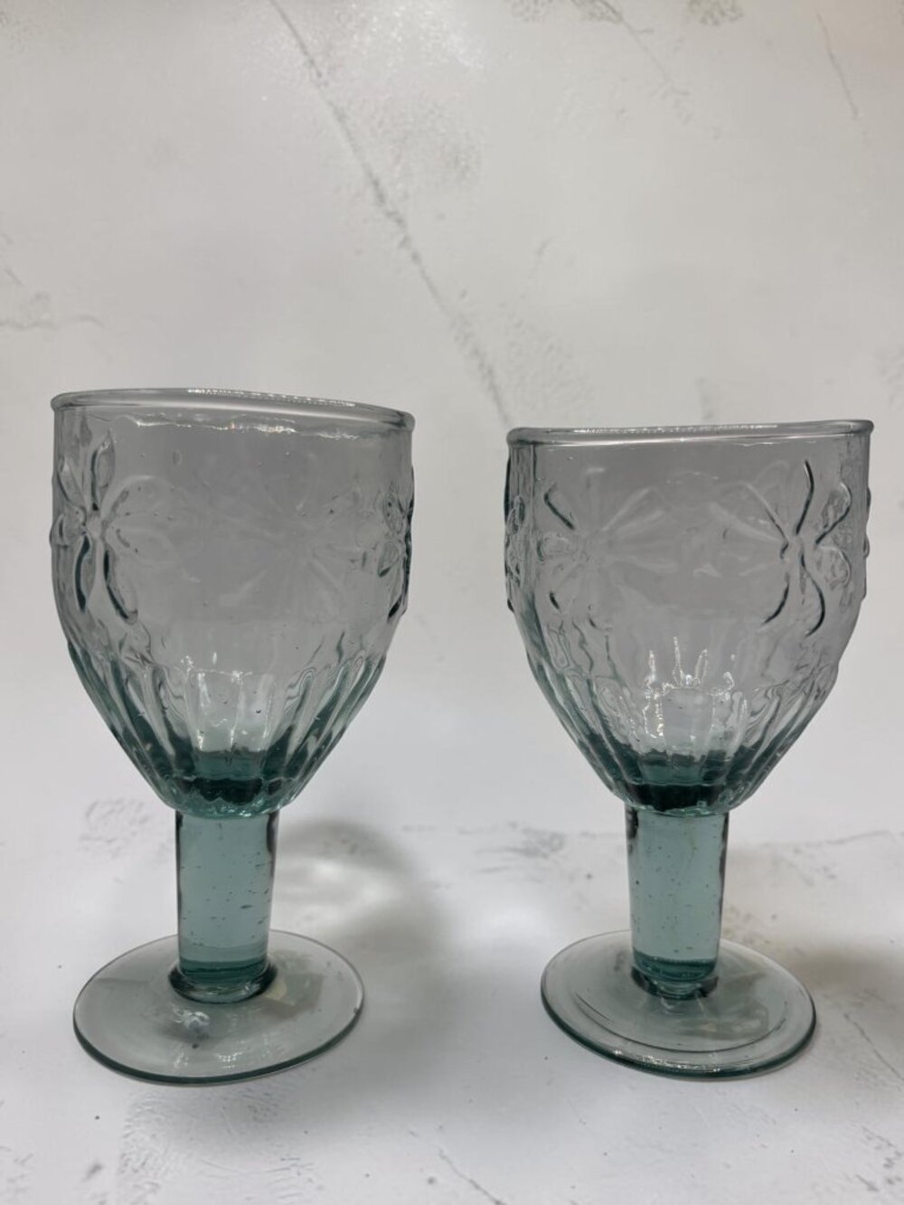 Vintage Embossed Light Blue Glass Goblets Set Of 2 With Floral Design Textured F